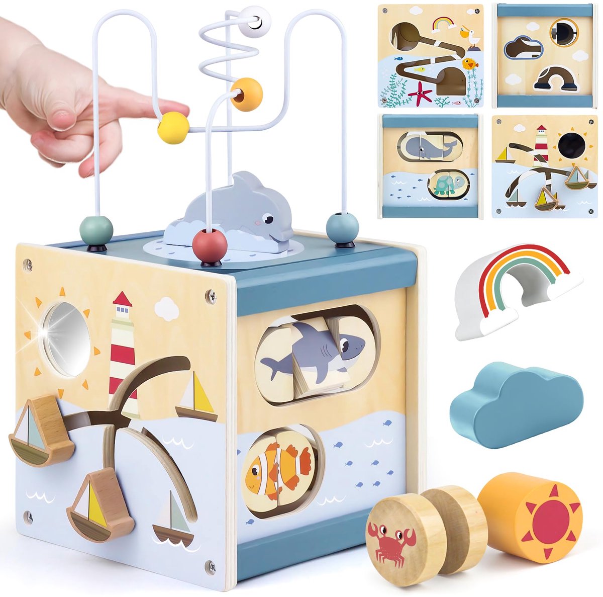 Montessori speelkubus - Motorische vaardigheden kubus - Motorisch speelgoed - Baby activiteitenkubus - 6-in-1 activiteitenkubus voor baby's - Houten speelgoed cadeau voor meisjes en jongens