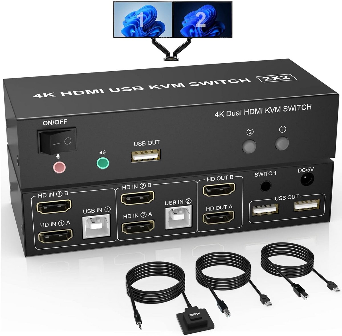Dual Monitor HDMI KVM Switch 2 Poorten met USB en Audio/Microfoon Uitgang