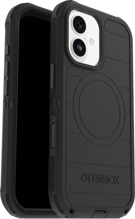 Zwarte Otterbox Defender Pro hoesje, met horizontale ribbels en een cirkelvormige magneetring.