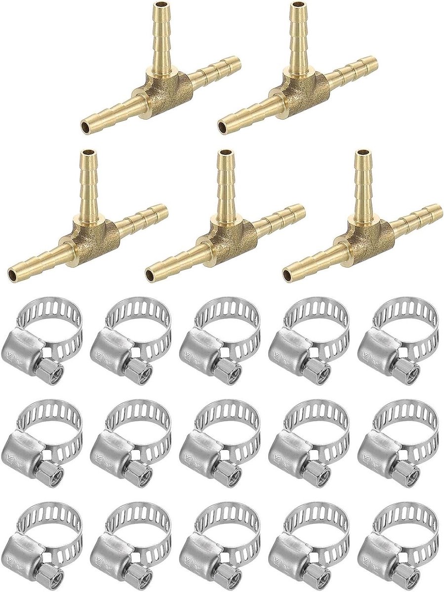 Allecta - 5-delige messing 3-weg verbindingsstukken set inclusief T-stuk en slangklemmen - 1/8 inch - voor water, brandstof en lucht