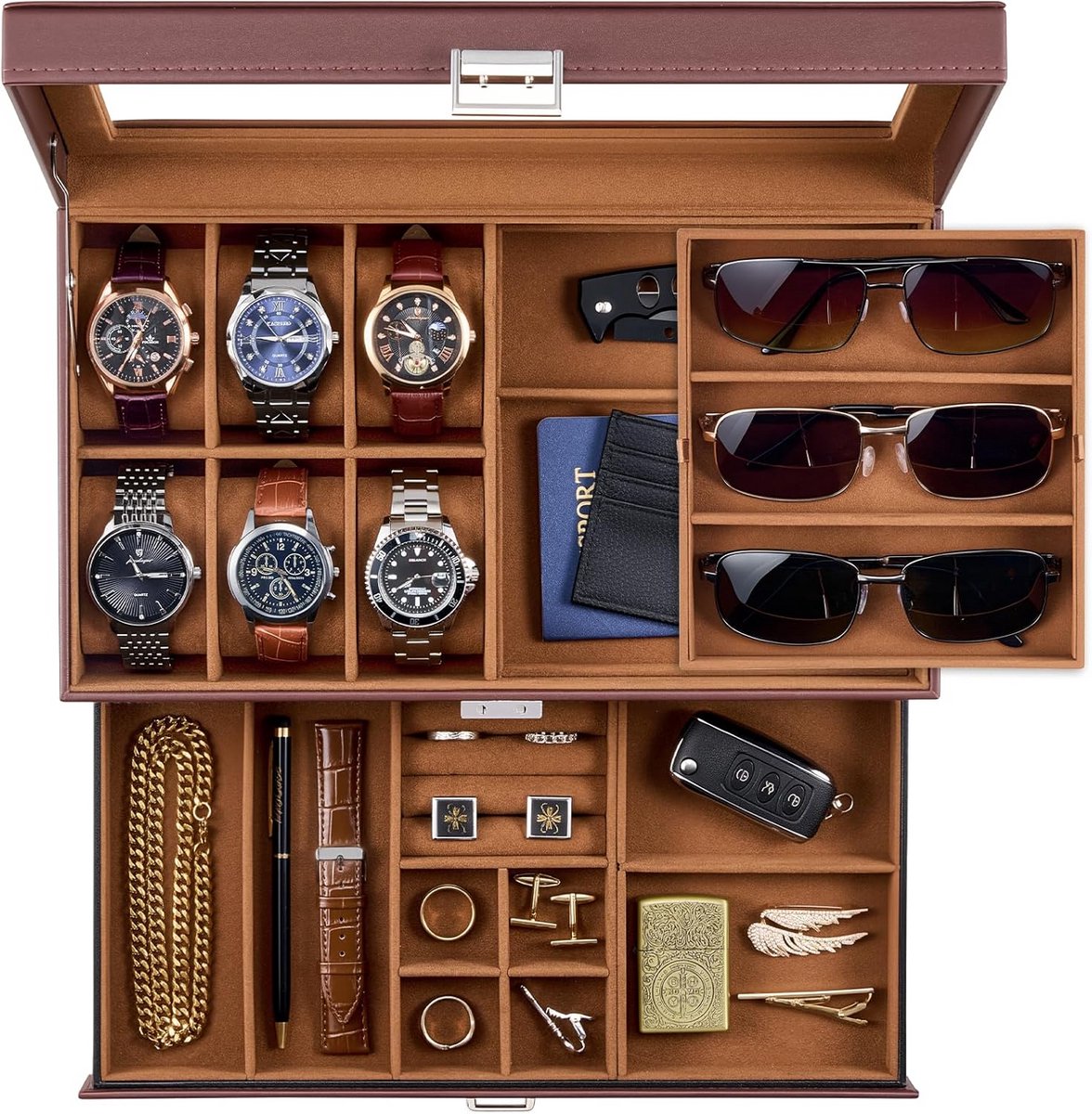Luxe Horlogedoos met 6 Vakken en Zonnebrilhouder - 2-Laags Sieraden Organizer voor Heren