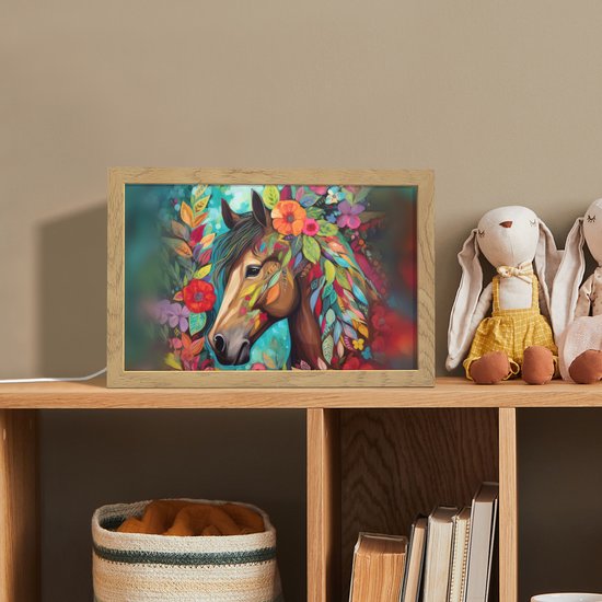 Nachtlampje 30x20 cm - Kinder lampje - Paard - Bloemen - Schilderij - Natuur - Verf - Tafellamp kinderkamer - Slaapkamer lamp - Bedlamp kinderen - Kinderlampje stopcontact - Wandlamp babykamer - Nachtlampjes van OnlyWow — afbeelding 3