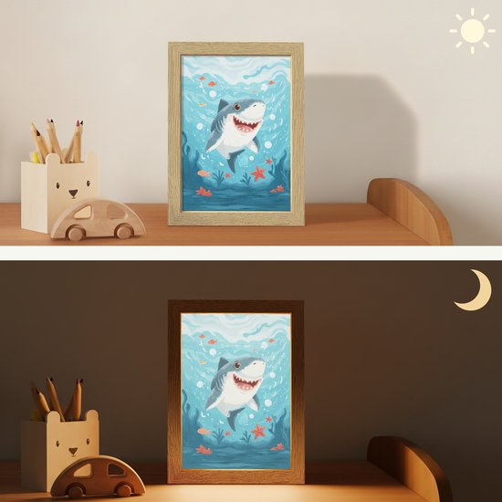 Nachtlampje 15x20 cm - Kinder lampje - Haai - Vissen - Blauw - Onderwater - Tafellamp kinderkamer - Slaapkamer lamp - Bedlamp kinderen - Kinderlampje stopcontact - Wandlamp babykamer - Nachtlampjes van Merkloos — afbeelding 4