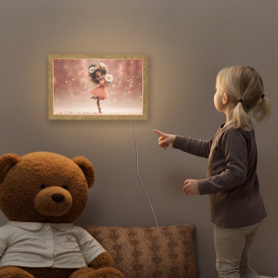 Nachtlampje 30x20 cm - Kinder lampje - Bloemenfee - Roze - Meisje - Tafellamp kinderkamer - Slaapkamer lamp - Bedlamp kinderen - Kinderlampje stopcontact - Wandlamp babykamer - Nachtlampjes van Merkloos — afbeelding 5
