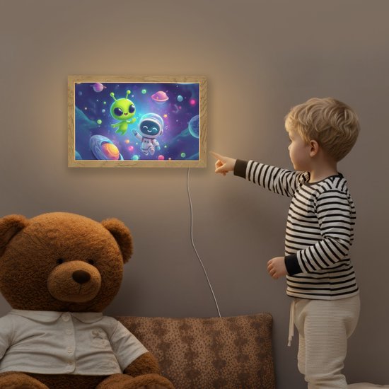 Nachtlampje 30x20 cm - Kinder lampje - Alien - Astronaut - Ruimte - Planeten - Tafellamp kinderkamer - Slaapkamer lamp - Bedlamp kinderen - Kinderlampje stopcontact - Wandlamp babykamer - Nachtlampjes van Merkloos — afbeelding 5