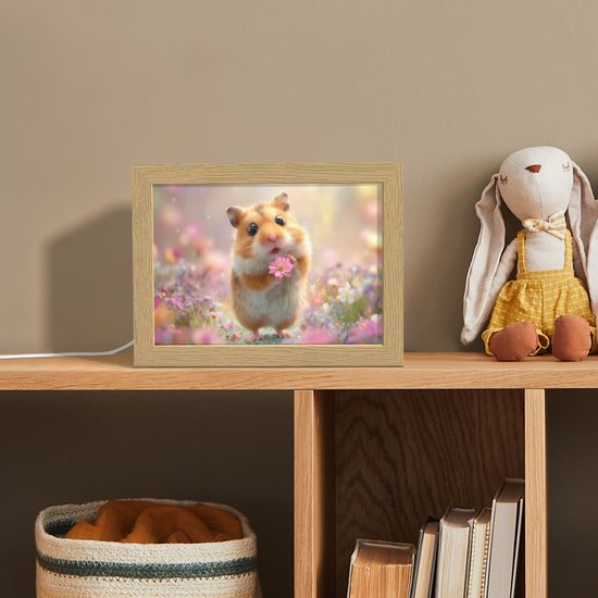 Nachtlampje 20x15 cm - Kinder lampje - Hamster - Bloemen - Roze - Oranje - Tafellamp kinderkamer - Slaapkamer lamp - Bedlamp kinderen - Kinderlampje stopcontact - Wandlamp babykamer - Nachtlampjes van Merkloos — afbeelding 3