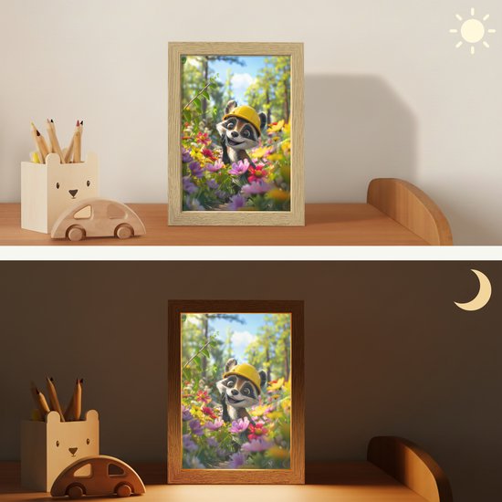 Nachtlampje 15x20 cm - Kinder lampje - Wasbeer - Natuur - Bloemen - Bouwhelm - Tafellamp kinderkamer - Slaapkamer lamp - Bedlamp kinderen - Kinderlampje stopcontact - Wandlamp babykamer - Nachtlampjes van OnlyWow — afbeelding 4