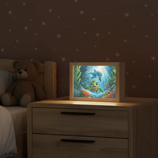 Nachtlampje 20x15 cm - Kinder lampje - Schildpad - Dolfijn - Oceaan - Tafellamp kinderkamer - Slaapkamer lamp - Bedlamp kinderen - Kinderlampje stopcontact - Wandlamp babykamer - Nachtlampjes van Merkloos — afbeelding 2