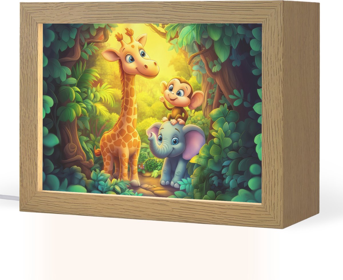 Nachtlampje 20x15 cm - Kinder lampje - Dieren - Jungle - Giraf - Olifant - Aapje - Tafellamp kinderkamer - Slaapkamer lamp - Bedlamp kinderen - Kinderlampje stopcontact - Wandlamp babykamer - Nachtlampjes