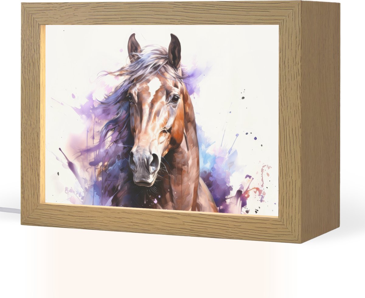 Nachtlampje 20x15 cm - Kinder lampje - Paard - Dieren - Meisjes - Paars - Bruin - Tafellamp kinderkamer - Slaapkamer lamp - Bedlamp kinderen - Kinderlampje stopcontact - Wandlamp babykamer - Nachtlampjes