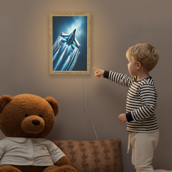 Nachtlampje 20x30 cm - Kinder lampje - Straaljager - Blauw - Jongens - Tafellamp kinderkamer - Slaapkamer lamp - Bedlamp kinderen - Kinderlampje stopcontact - Wandlamp babykamer - Nachtlampjes van Merkloos — afbeelding 5