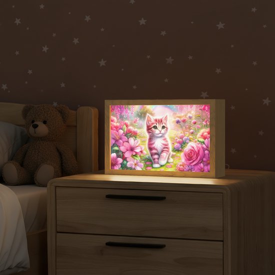 Nachtlampje 30x20 cm - Kinder lampje - Kitten - Roze - Kat - Regenboog - Bloemen - Tafellamp kinderkamer - Slaapkamer lamp - Bedlamp kinderen - Kinderlampje stopcontact - Wandlamp babykamer - Nachtlampjes van Merkloos — afbeelding 2