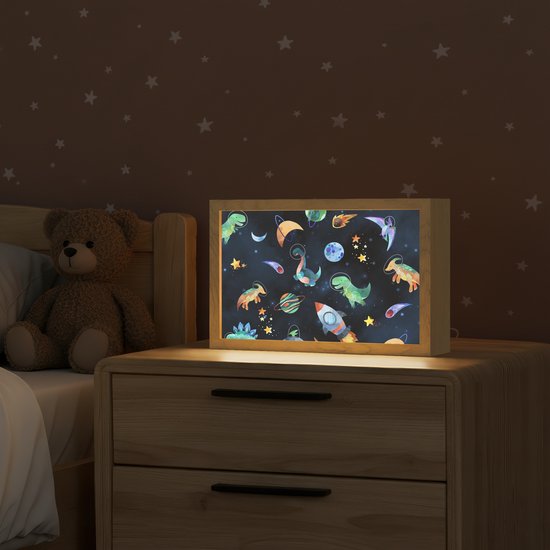 Nachtlampje 30x20 cm - Kinder lampje - Ruimte - Dino - Dinosaurus - Jongens - Tafellamp kinderkamer - Slaapkamer lamp - Bedlamp kinderen - Kinderlampje stopcontact - Wandlamp babykamer - Nachtlampjes van Merkloos — afbeelding 2