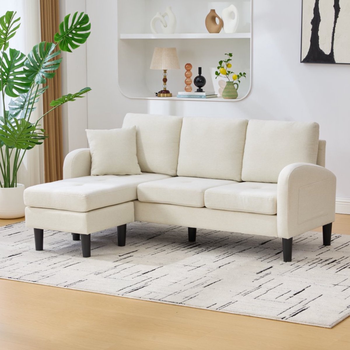 Zubaliya L-bank, Hoekbank met Chaise Longue – 3-Zits Modulaire Bank van Linnenstof voor Woonkamer, Appartement en Kantoor, 166x118x77 cm Lichtbeige