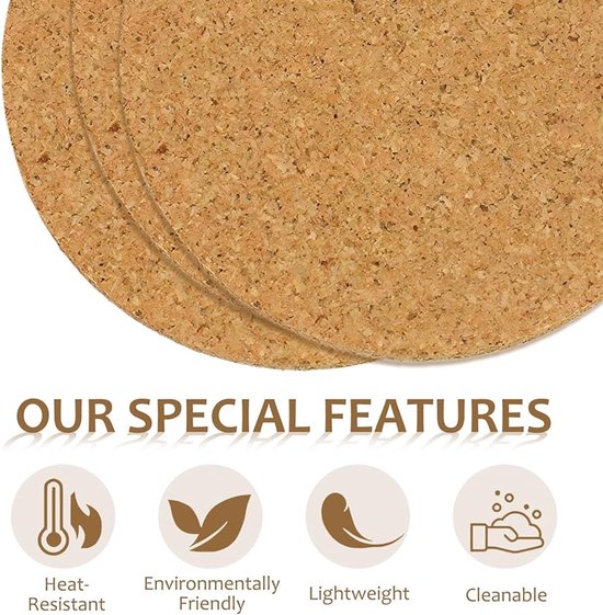 elthmpr Set van 6 ronde kurken onderzetters, hittebestendige pannenonderzetters, kurk, diameter 19 cm, veelzijdige onderzetters voor keuken