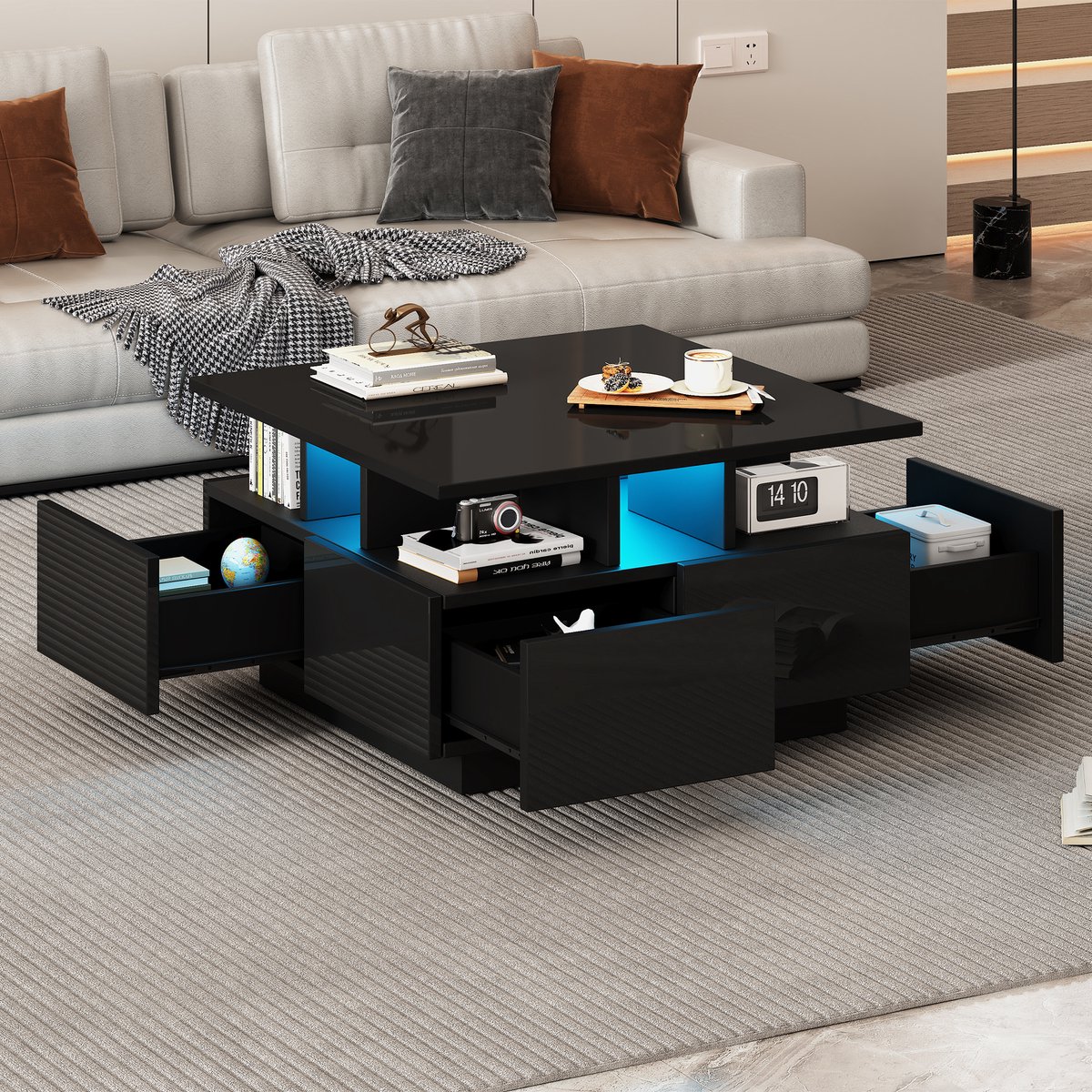 Woonkamer salontafel 70x70x40 cm - koffietafel - met LED-verlichting - bijzettafel met lade - geometrisch ontwerp - zwart