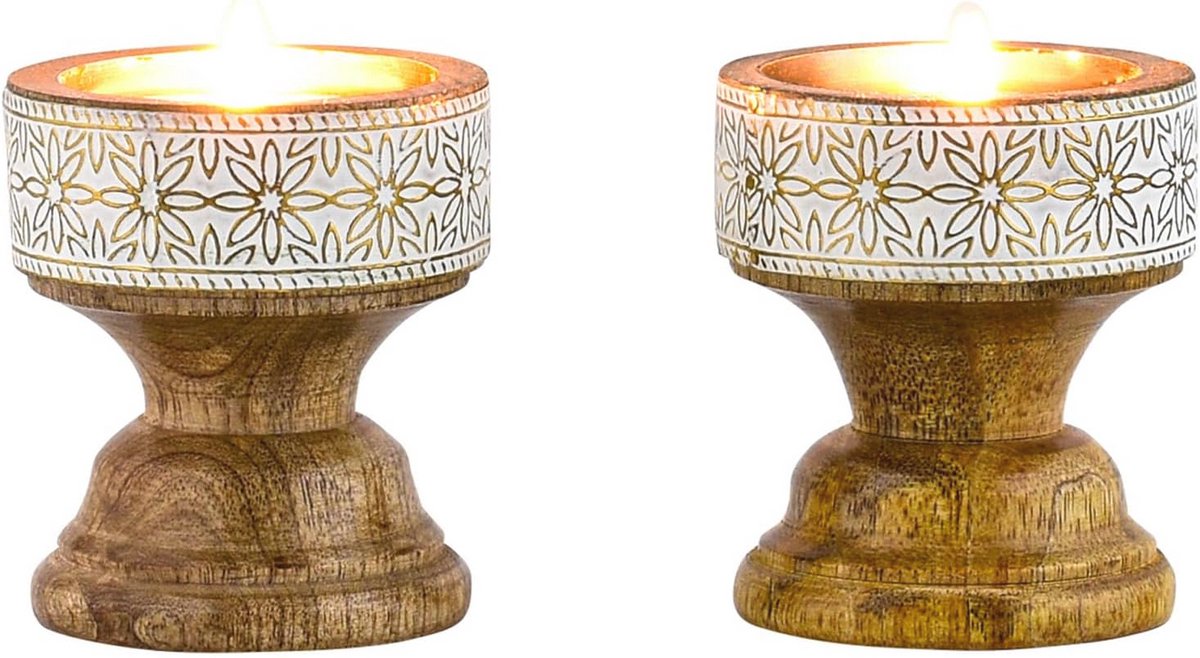 Boho Decoratieve Theelichthouder van Hout en Metaal - Vintage Oosterse Kandelaar voor Woonkamer, Slaapkamer en Badkamer