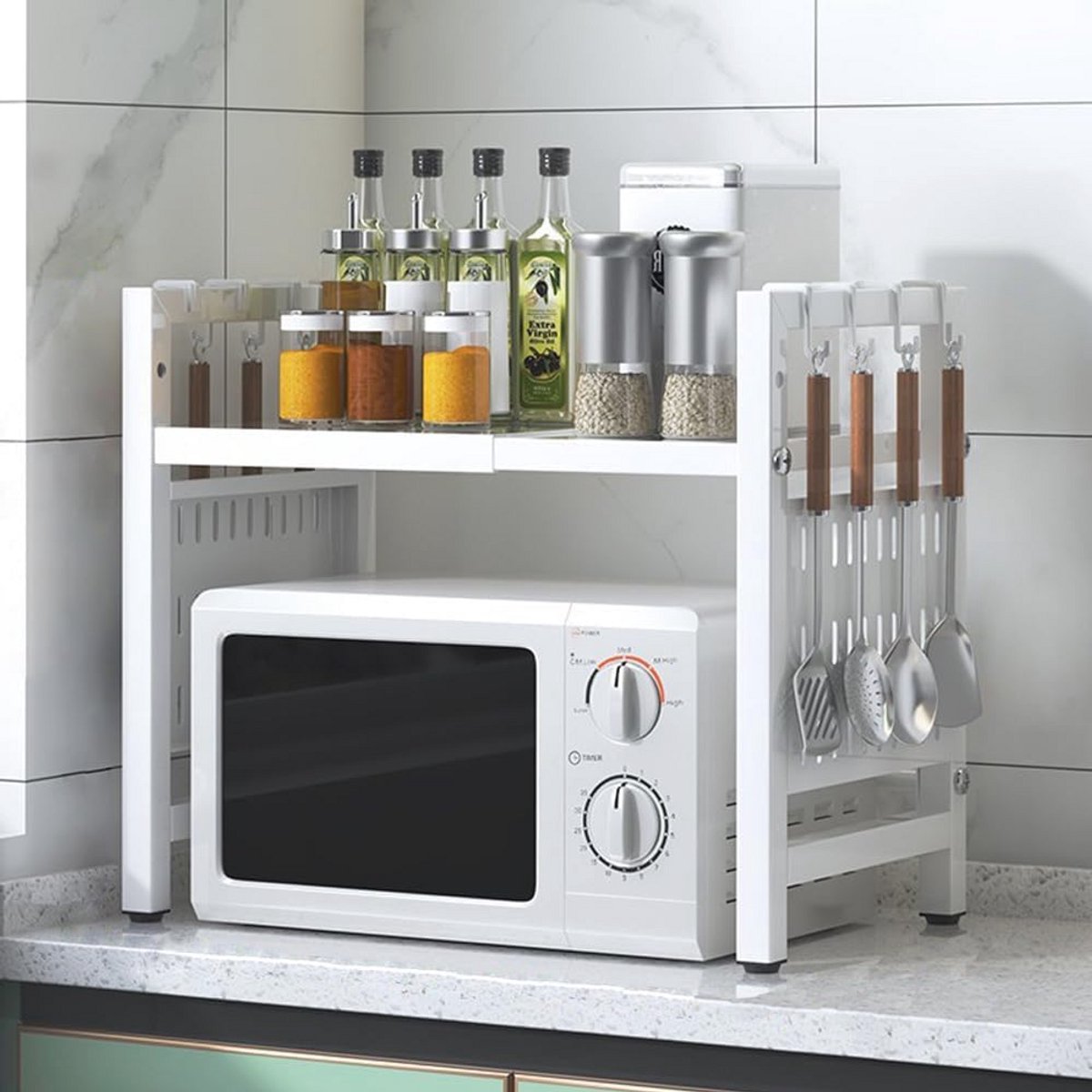 Uitbreidbaar Magnetronrek met Haken – Keuken Organizer voor Aanrecht