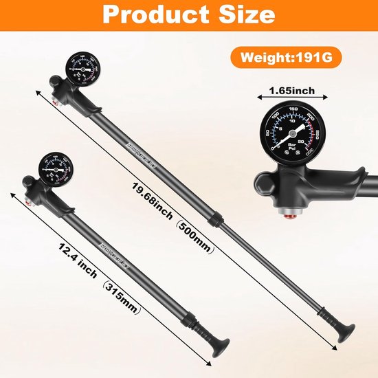 Verende Vork Demperpomp met Manometer voor Fiets en MTB - Hoge Druk Pomp tot 300 PSI — afbeelding 3