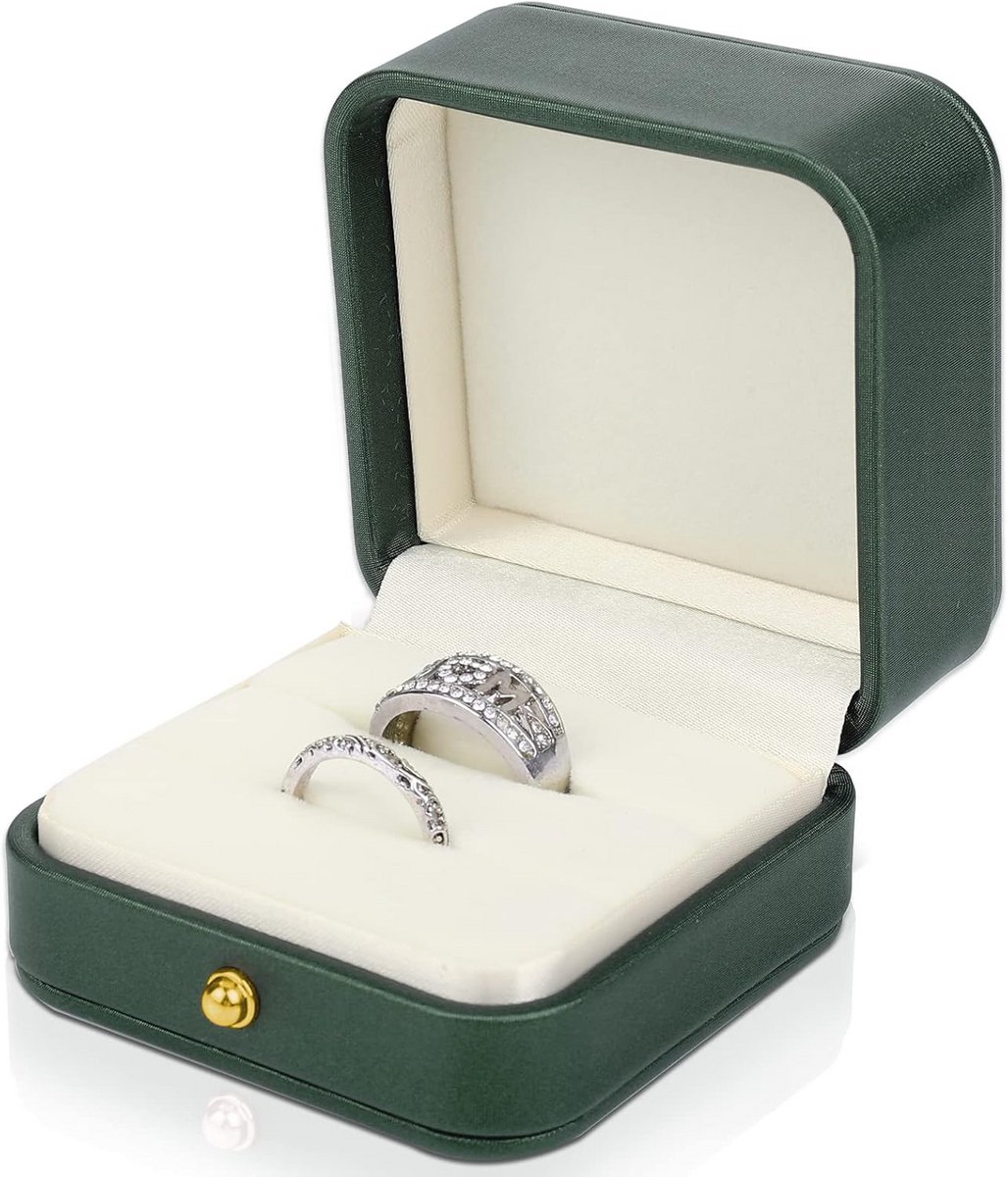 Twee slots trouwringdoos groen van kunstleer voor huwelijksaanzoeken en ceremonieën
