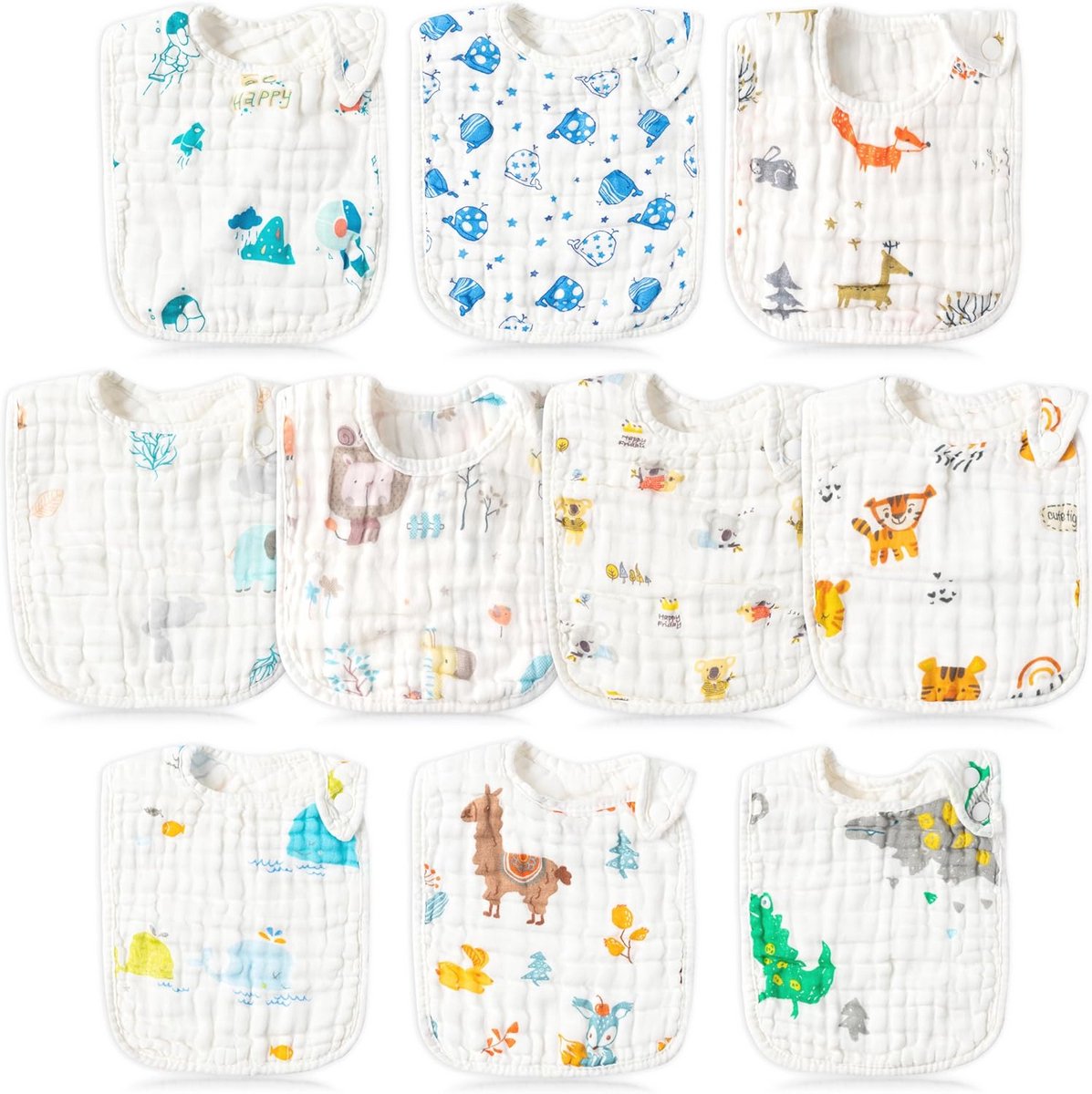Snap Mousseline Katoenen Slabbetjes - 10 Stuks Verstelbare Bandana Kwijlslabbetjes voor Baby