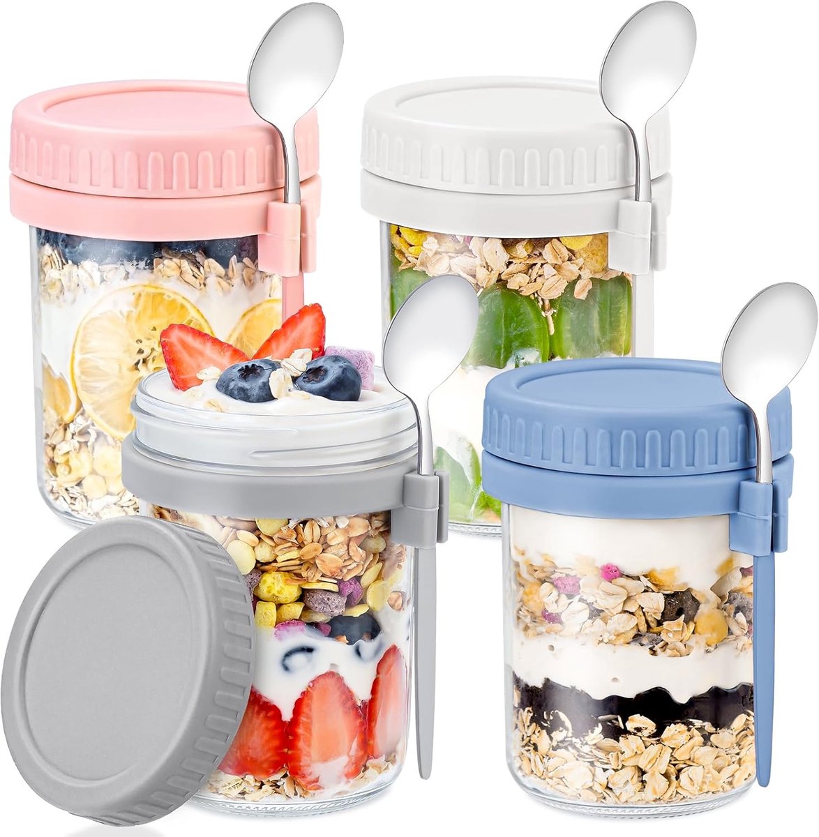Set van 4 Luchtdichte Glazen Havermoutcontainers met Lepels - 16 oz