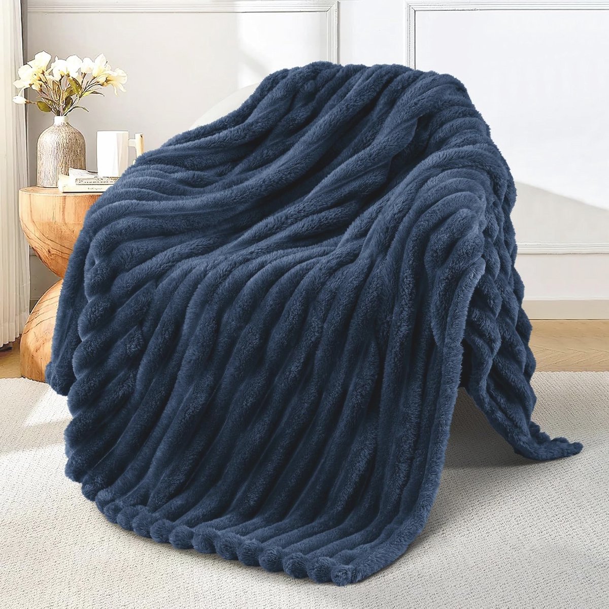 Zachte 3D Gestreepte Fleece Deken voor Bank en Bed, Lichtgewicht Cozy Plaid voor Alle Seizoenen - 127 x 152 cm, Marineblauw