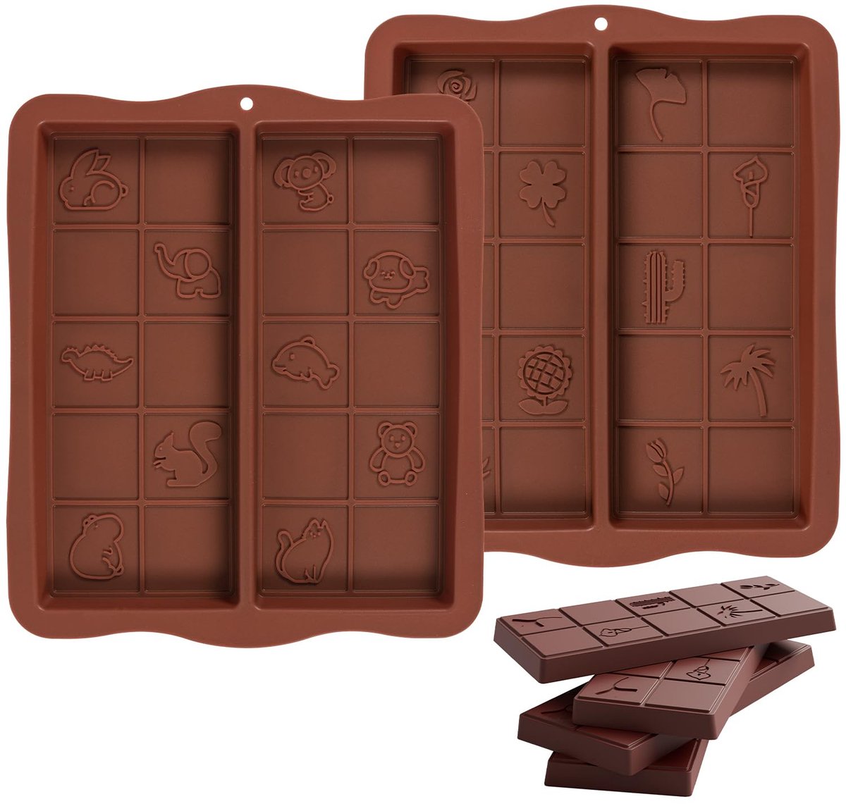Unyqoos® Set van 2 siliconen chocoladevormen met dierlijke en botanische motieven