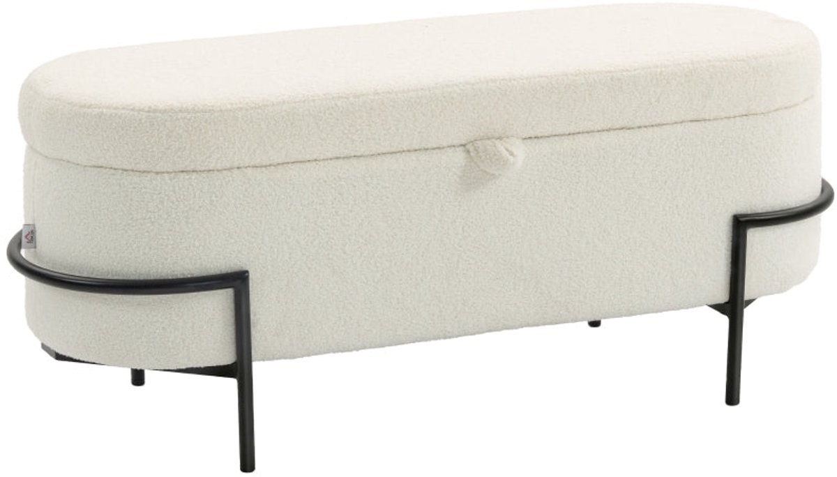 Merax Design Opbergbank met Deksel - Fleece Stoffen Zithocker met Opbergruimte - Stalen Onderstel - Ovaal Bankje voor Woonkamer en Slaapkamer - Creme Wit - 220 kg