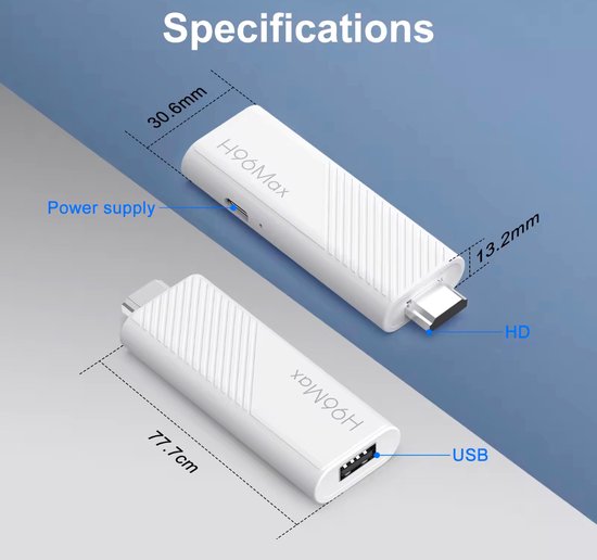 Afmetingen van de witte H96Max TV Stick: 77,7 cm lang, 30,6 mm breed en 13,2 mm hoog.