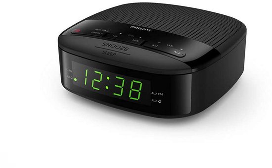 Zwarte digitale wekkerradio van Philips met groene weergave van 12:38.