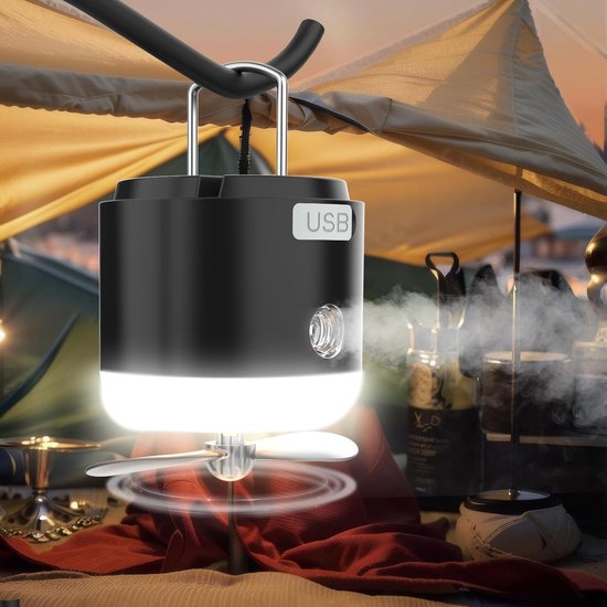 Lampe de camping Plein air avec port USB et anti-moustiques - 4 modes d'éclairage + ventilateur - 1200 mAh - Étanche