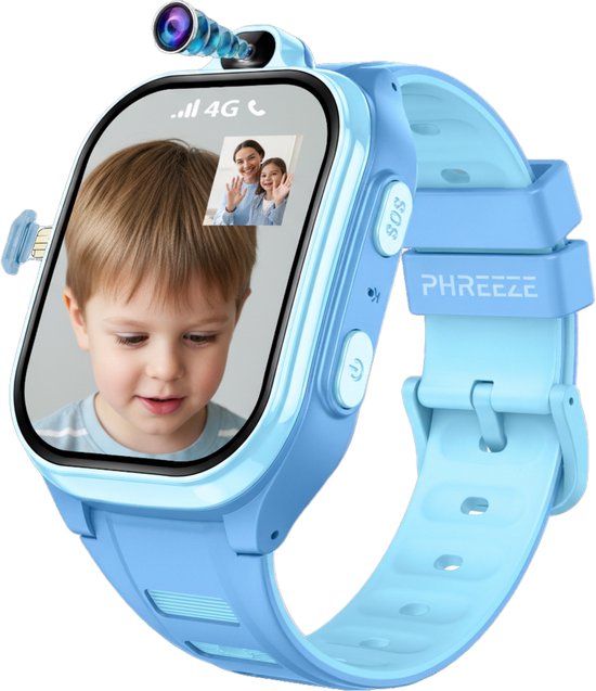 Phreeze Kinderhorloge Jongen - Smartwatch Kind - GPS Horloge Kind - Waterdicht - 4G - Met Simkaart - Belfunctie - Video - Bellen - Spelletjes - Stappenteller - Alarmen - SOS - Blauw