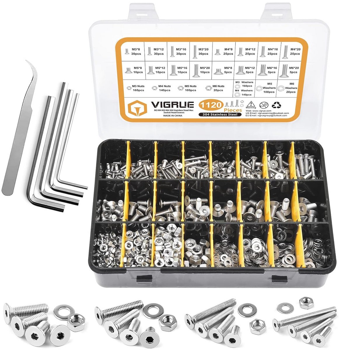 1120 Stuks Roestvrij Stalen Schroeven Set M3 M4 M5 M6 - Verzonken Kop Binnenzeskant Schroeven Assortiment