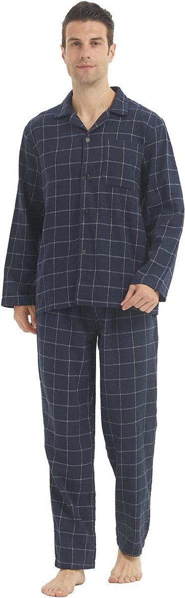 Heren Pyjama Set Zachte Flanel Katoen Lange Mouwen Geruite Nachtkleding Loungewear