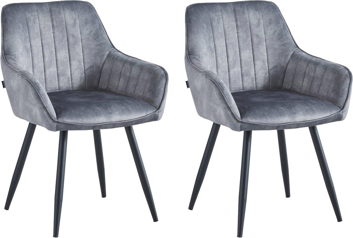 Colenis® - Ozzy Eetkamerstoel - Set Van 2 - Grijs - Adoré Velvet - Industrieel - Met armleuning