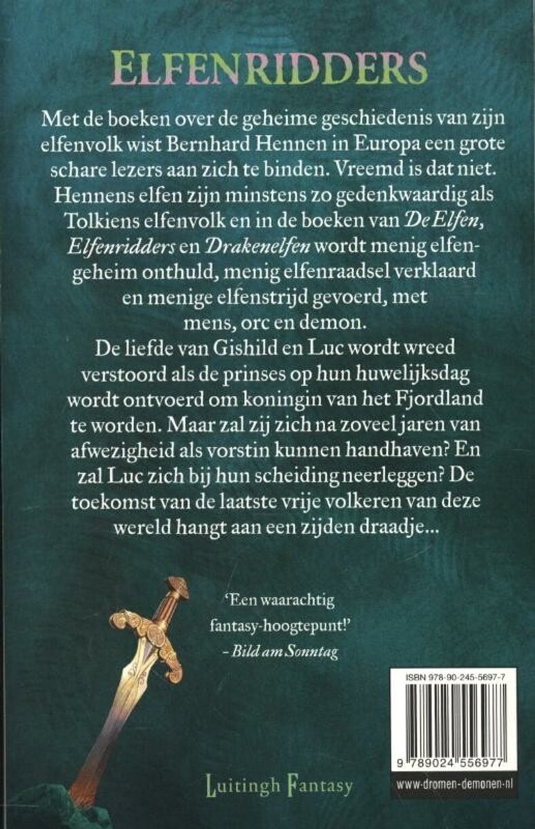 Achterkant boek 'Elfenrijders', met een zwaard en tekst.