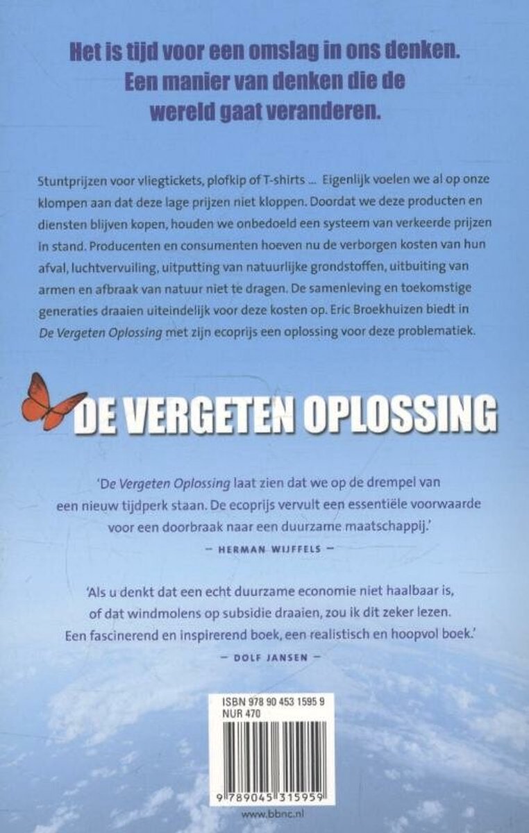 Achterkant van het boek "De vergeten oplossing" met tekst en een oranje vlinder.