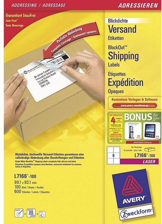 AVERY® doelformulier Verzendetiketten, ondoorzichtig, rechthoekig, voor alle laserprinters van verschillende formaten, wit, voor alle laserprinters.