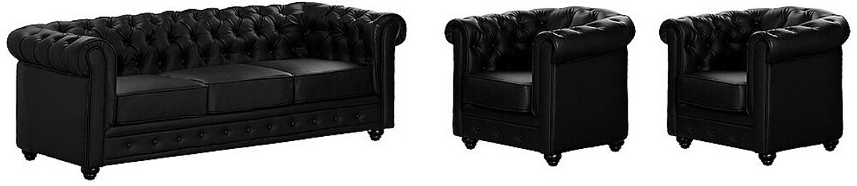 Vente-unique Driezitsbank en 2 fauteuils CHESTERFIELD in kunstleer - Zwart