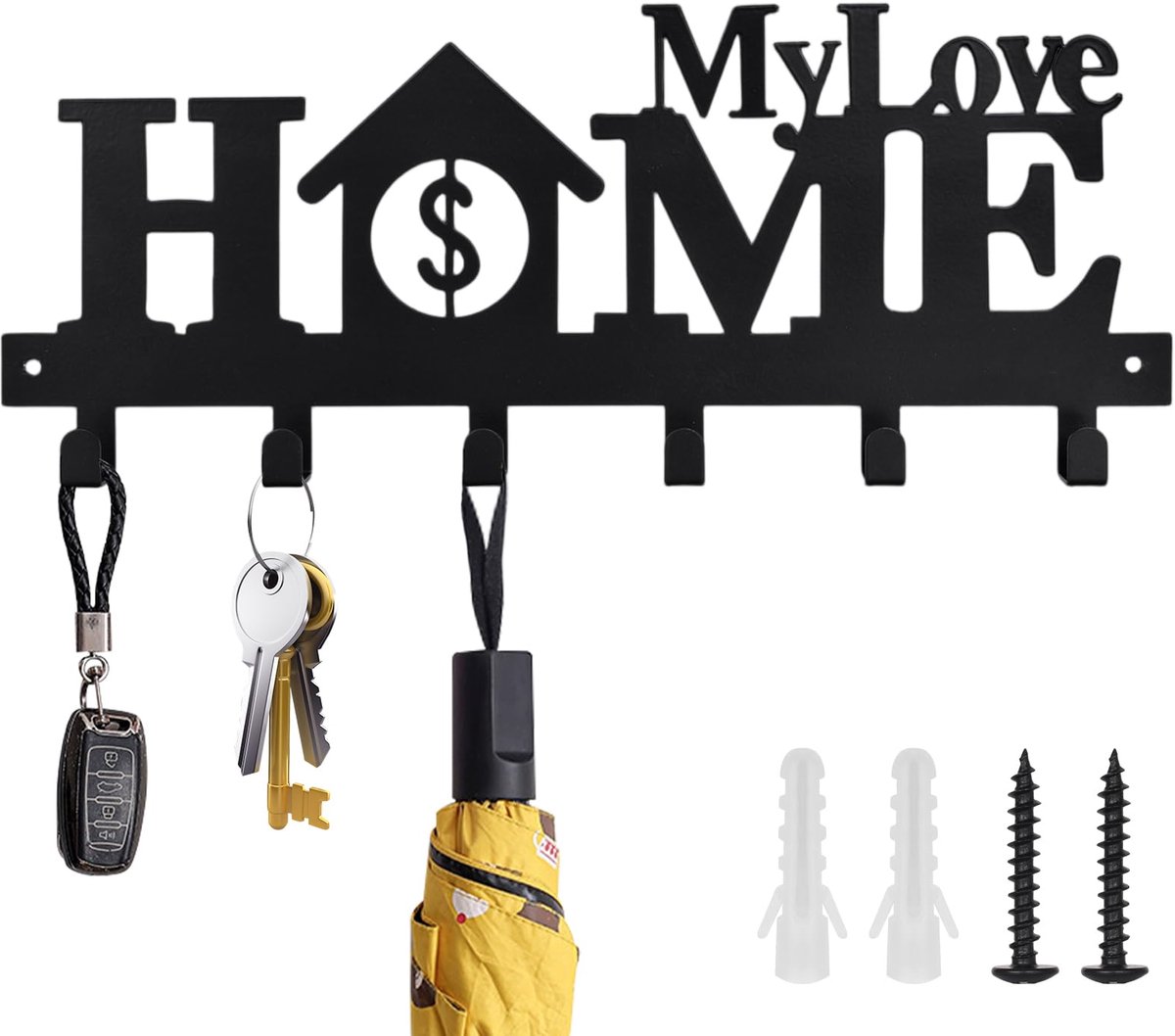 Unyqoos Decoratieve wandorganizer met 6 haken voor sleutels en accessoires zwart