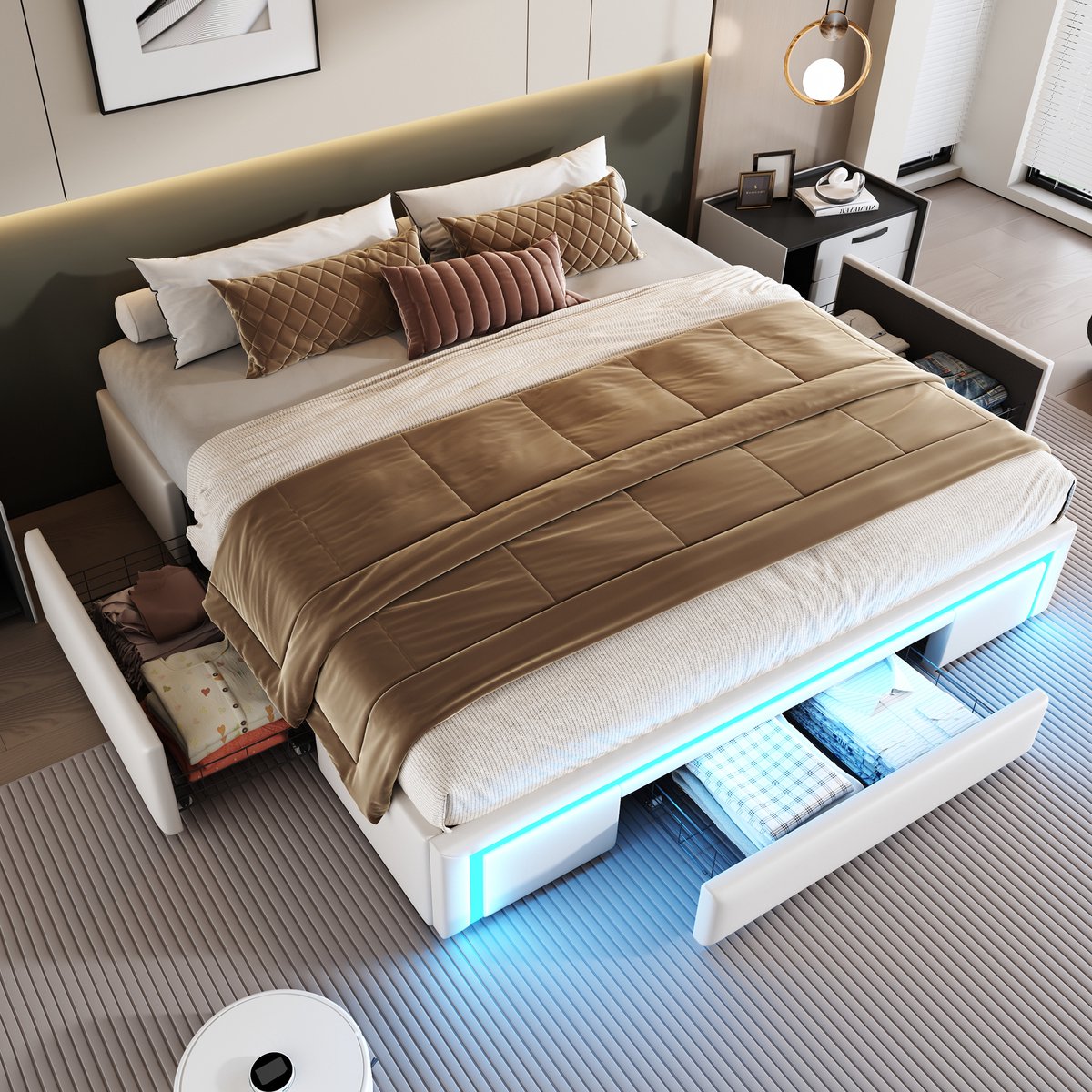 Bedframe 180X200 met lades - PU-leren bed zonder hoofdeinde Met led-lichtstrip - Metalen lattenbodem Platformbed voor moderne slaapkamers Beige