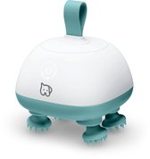 Wit/blauw massageapparaat met 4 rubberen pootjes, blauwe lus en een hondje logo.