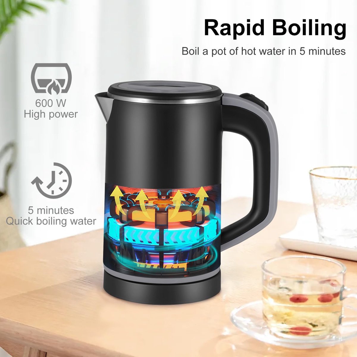 Waterkoker - Kleine Reiswaterkoker RVS Zwart - Reis Waterkokers voor Camping Hotel Senioren - Klein Draagbare Travel Water Koker - 0.8 Liter — afbeelding 3