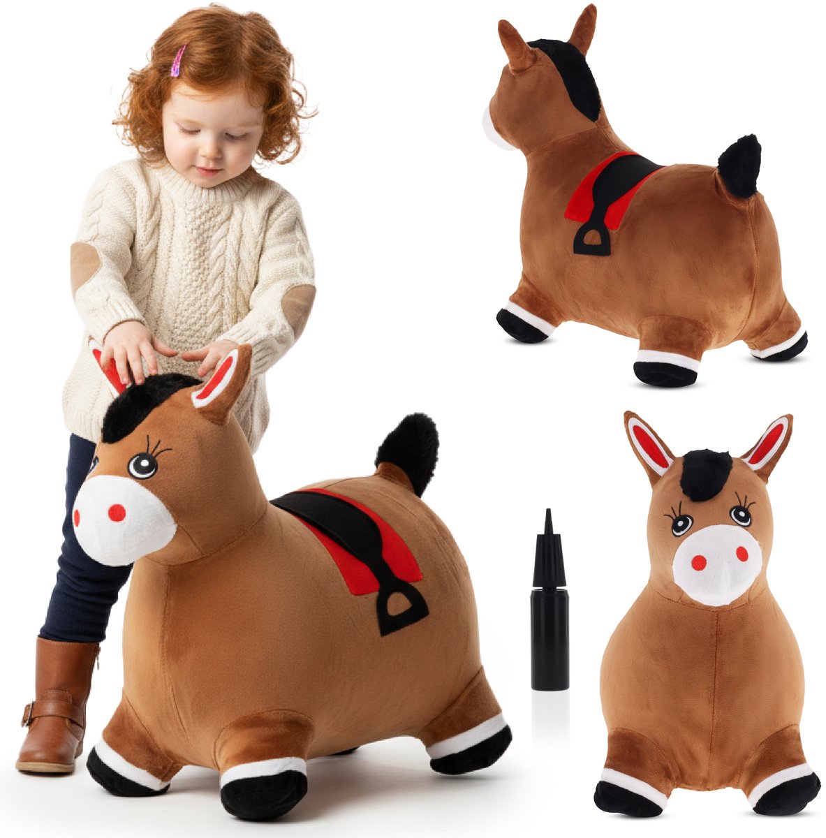 sun baby - Springdier met pomp vanaaf 1 jaar - Pluche paard - bruin - max 50kg, duurzaam rubber, gecertificeerd, bpa-vrij, springpaard, springhond