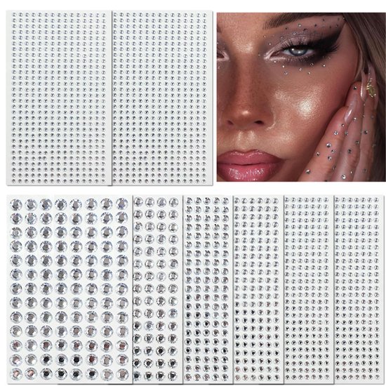 Plak diamantjes, 8 wit sets - Zelfklevende glitter steentjes - Festival stickers voor lichaam en gezicht - Rhinestone face jewels - Strass