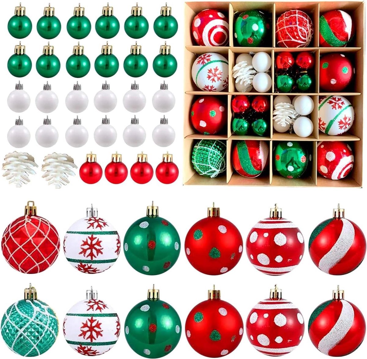 Kerstboomdecoratie set van 42 onbreekbare ornamenten in rood, groen en wit voor feestelijke kerstsfeer.