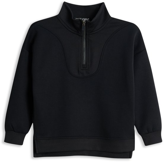 Sweat noir à col haut, fermeture éclair et détails côtelés. Ce pull a des manches longues et une coupe droite.