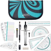 Geodriehoeken & Passer Set – Turkoois etui met liniaal, gum, sjabloon en formules