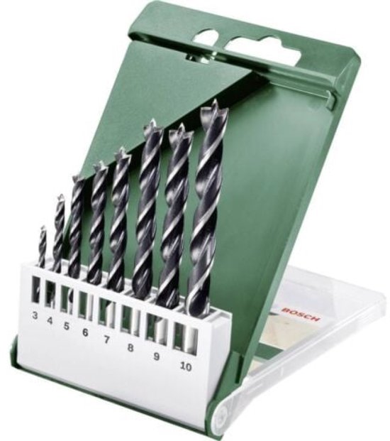 Set van 8 Bosch houtspiraalboren, met maten 3-10 mm, in een open groene en transparante koffer.